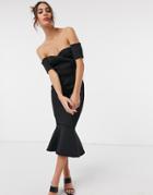 True Violet Exclusive Bardot Sweetheart Peplum Hem Midi Dress In Black