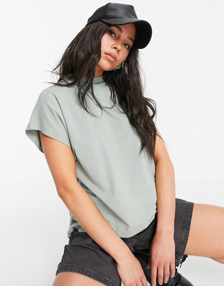 Noisy May Organic Cotton High Neck T-shirt In Green