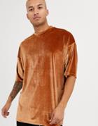 Asos Design Oversized Super Longline T-shirt With Half Sleeve In Brown Velour
