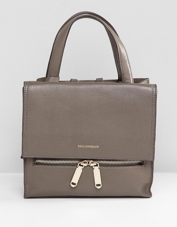 Paul Costelloe Real Leather Small Mushroom Tote With Foldover Zip Closure - Brown
