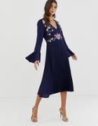 Asos Design Embroidered Pleated Midi Dress With Lace Inserts - Navy