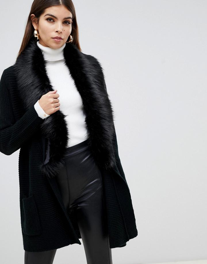 Lipsy Heavy Cardigan With Faux Fur Collar In Black - Black