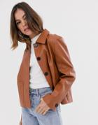 Moon River Faux Leather Cropped Jacket-brown