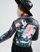 Asos Premium Leather Jacket With Tattoo Rose Print And Studs - Black