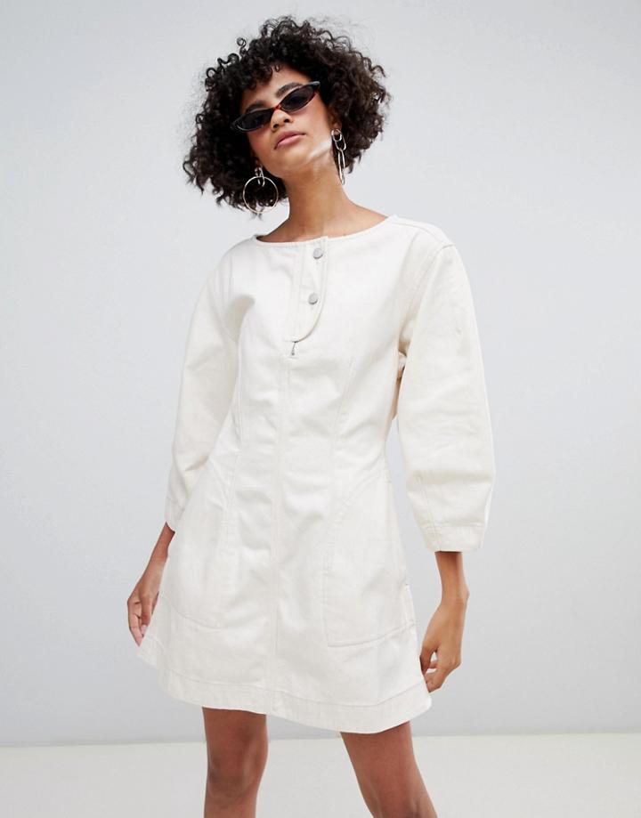 Weekday Limited Collection Bell Sleeve Denim Dress With Cutout Back In Organic Cotton - Beige