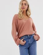 Asos Design V Neck Sweater With Balloon Sleeve - Pink