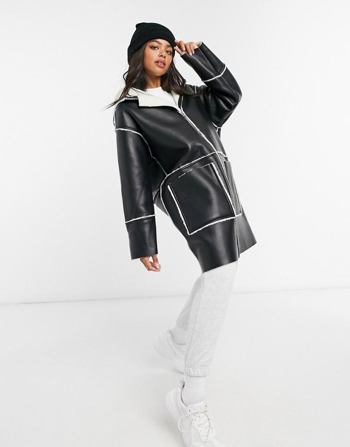 Asos Design Shearling Parka With Borg Detail In Black