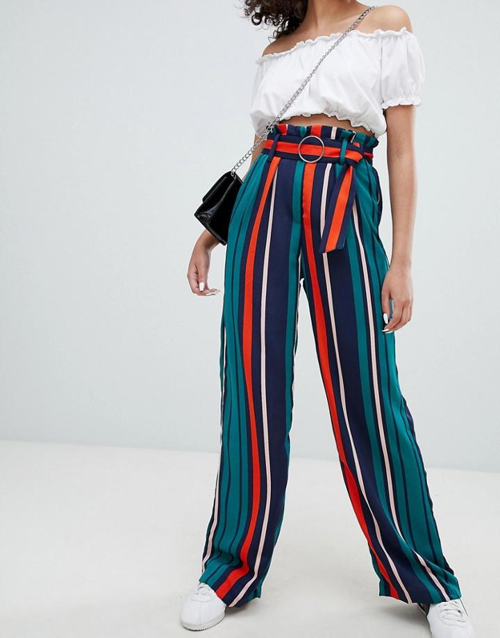 Bershka Multi Stripe Tie D Ring Wide Leg Pants - Multi