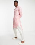 Asos Design Kurta Longline Shirt With Asymmetric Hem In Pink Viscose Jacquard