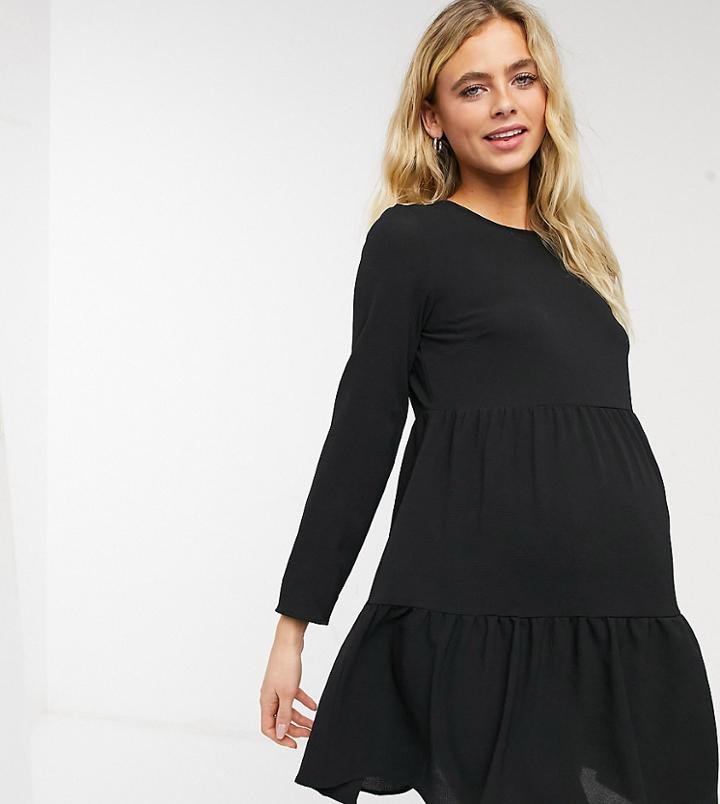 Asos Design Maternity Long Sleeve Tiered Smock Mini Dress In Black
