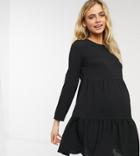 Asos Design Maternity Long Sleeve Tiered Smock Mini Dress In Black