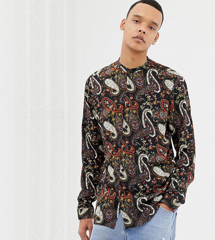 Asos Design Tall Regular Paisley Grandad Shirt - Black