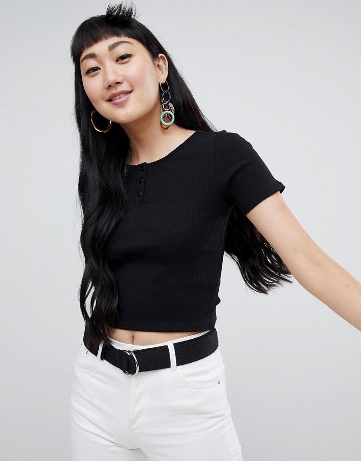 Monki Ribbed Tee With Buttons In Black - Black