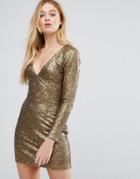 Little Mistress Heavily Embellished Gold Bodycon Dress - Gold