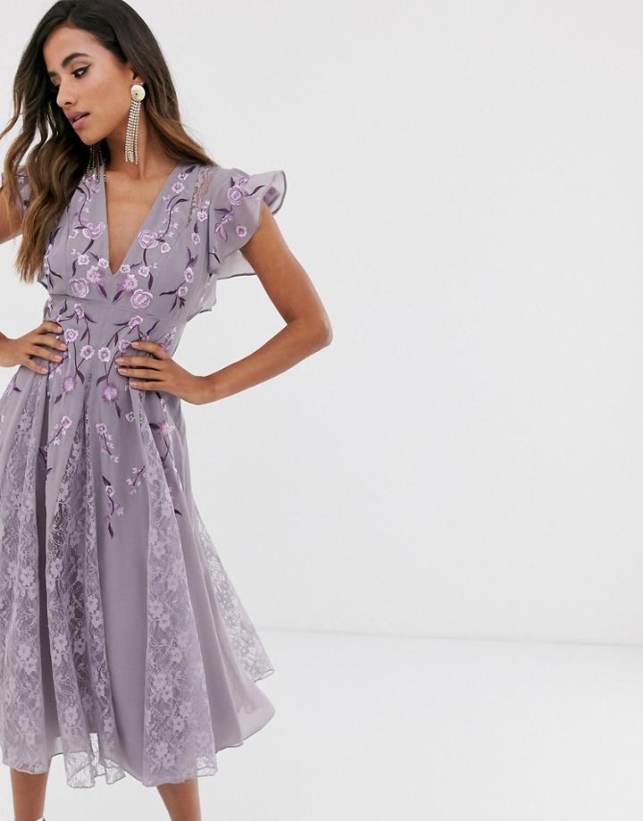 Asos Design Midi Dress With Lace Godet Inserts And Embroidery - Multi