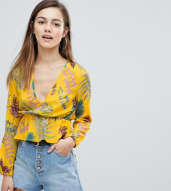 Missguided Petite Tropical Print Peplum Top - Yellow