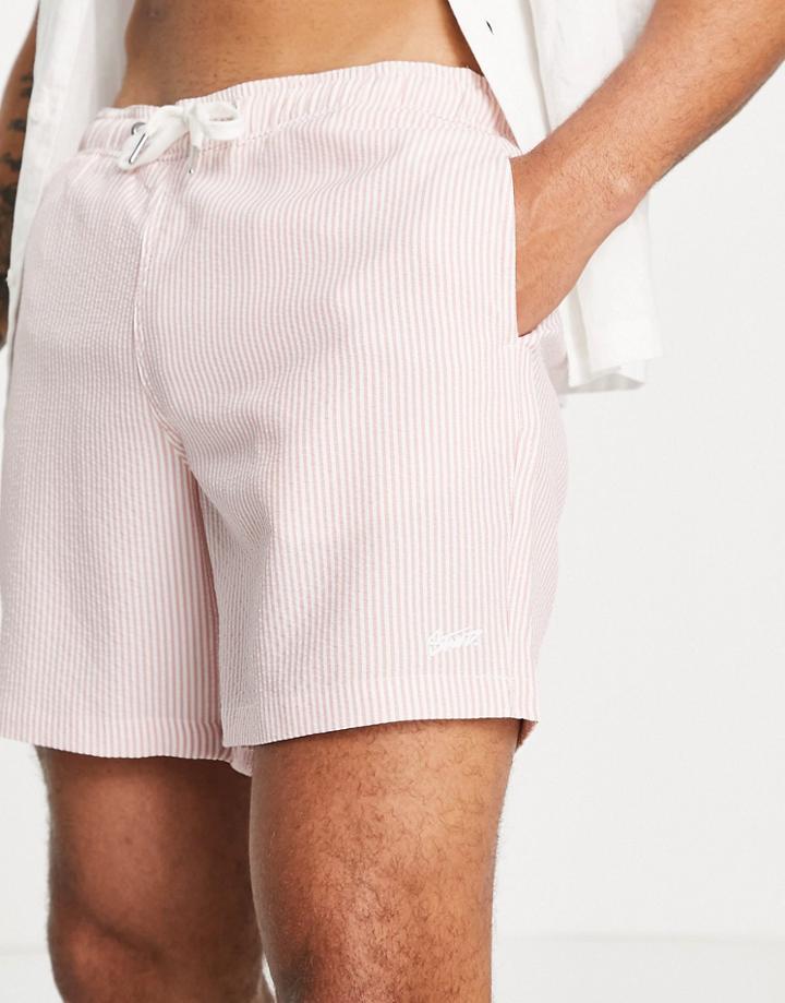 Pull & Bear Swim Shorts In Pink Seersucker Stripe-navy