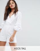 Asos Tall Ruched Sleeve Wrap Front Romper - White