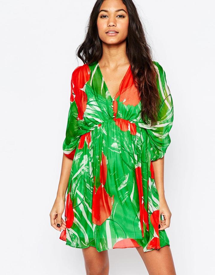 Traffic People Silk Flyaway Dress In Abstract Apple Print