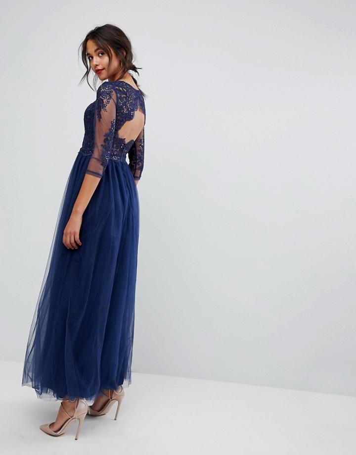 Chi Chi London High Neck Maxi Prom Dress With Cut Out Lace Back Detail - Navy