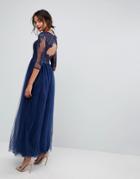 Chi Chi London High Neck Maxi Prom Dress With Cut Out Lace Back Detail - Navy