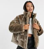 Asos Design Petite Plush Faux Fur Puffer Jacket In Mink-gray
