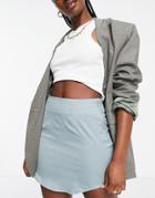 Asos Design Linen Curved Hem Mini Skirt In Duck Egg-blue