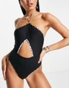 River Island Textured Halter Neck Swimsuit In Black