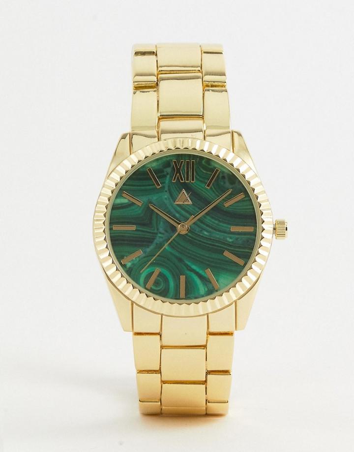 Asos Design Metal Watch With Stone Slice Print In Gold - Gold