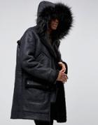 Asos Faux Shearling Parka With Hood In Black - Black