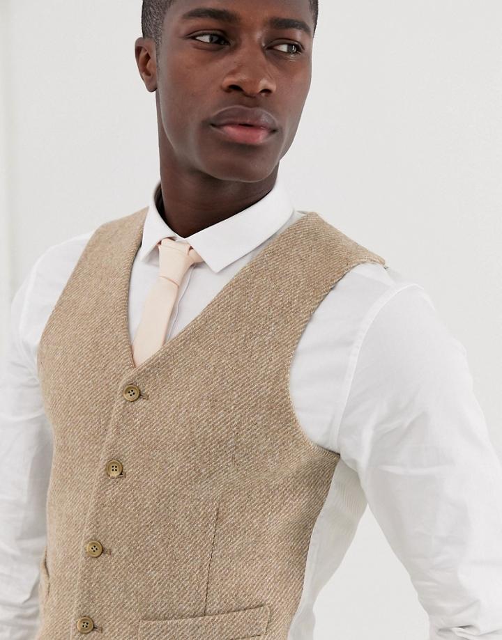 Asos Design Wedding Slim Suit Vest In 100% Wool Harris Tweed In Camel-beige