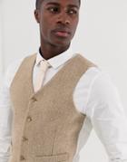 Asos Design Wedding Slim Suit Vest In 100% Wool Harris Tweed In Camel-beige