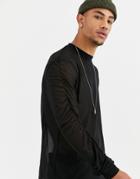 Asos Design Relaxed Longline Long Sleeve T-shirt In Mesh With Ruched Sleeves In Black