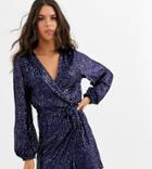 Club L London Tall Sequin Wrap Front Mini Skater Dress In Navy-blue