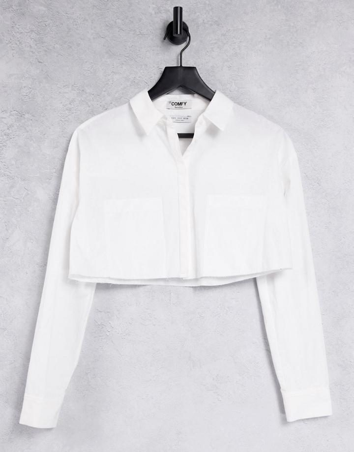Bershka Cropped Poplin Shirt In White - Part Of A Set