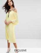 Warehouse Cold Shoulder V Neck Dress - Yellow