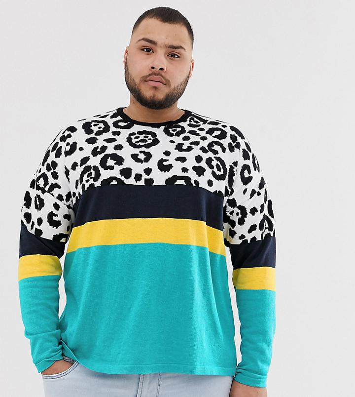 Asos Design Plus Knitted T-shirt In Color Blocked Animal-green