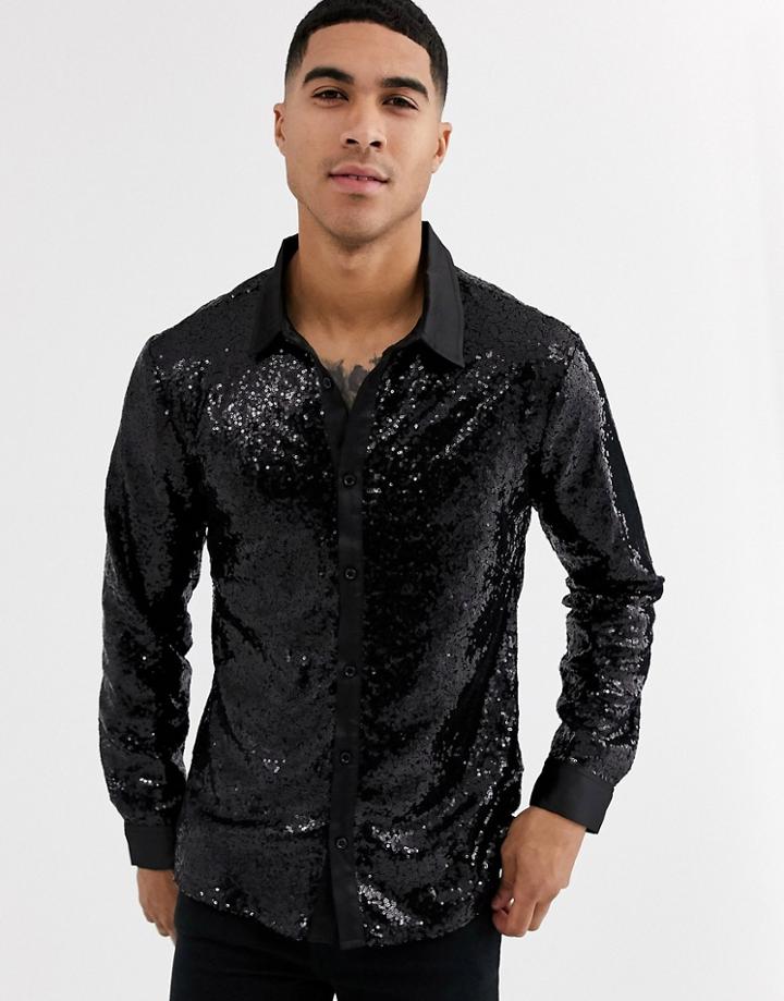 Aray All Over Sequin Slim Fit Evening Shirt-black