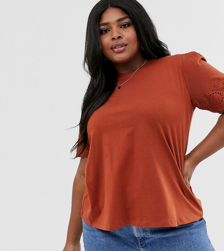 Asos Design Curve T-shirt With Broderie Sleeve In Rust-orange
