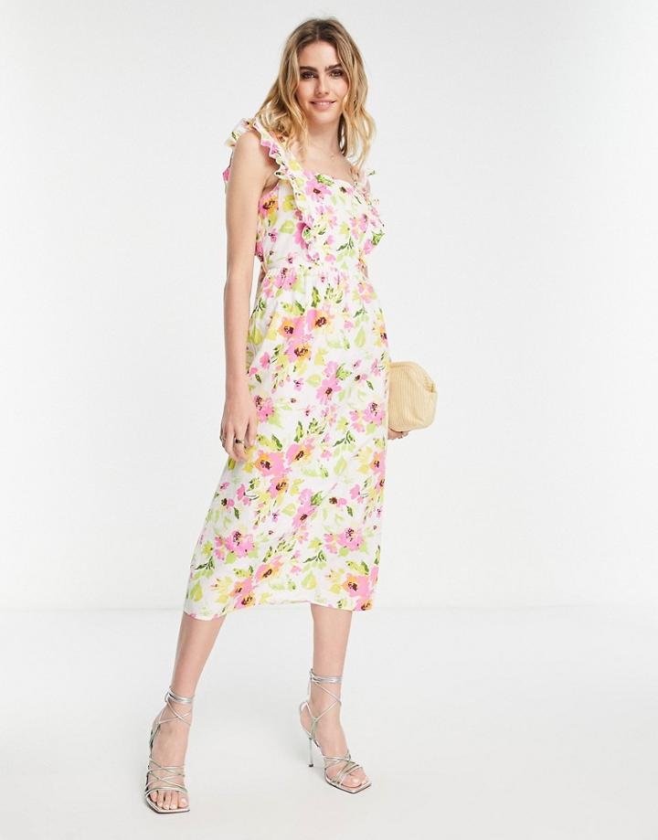 Vila Midi Dress With Tie Back In Floral Print-multi