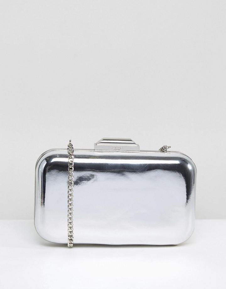 Dune Silver Metallic Box Clutch With Chain Strap - Silver