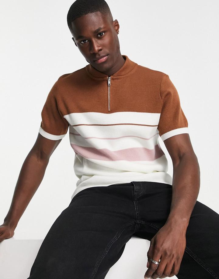 Topman Knitted Polo With Baseball Collar In Tan-brown