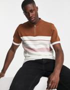 Topman Knitted Polo With Baseball Collar In Tan-brown