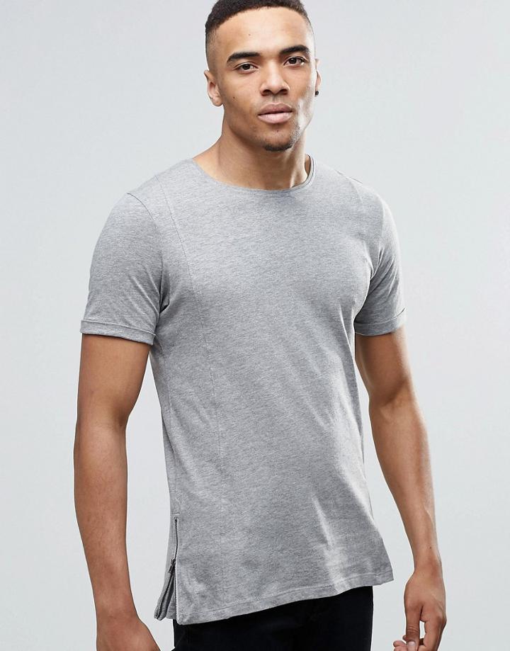 Jack & Jones Longline T-shirt With Zips - Light Gray Melange