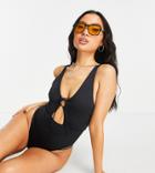 Asos Design Petite Recycled Tie Front Cut Out Swimsuit In Black