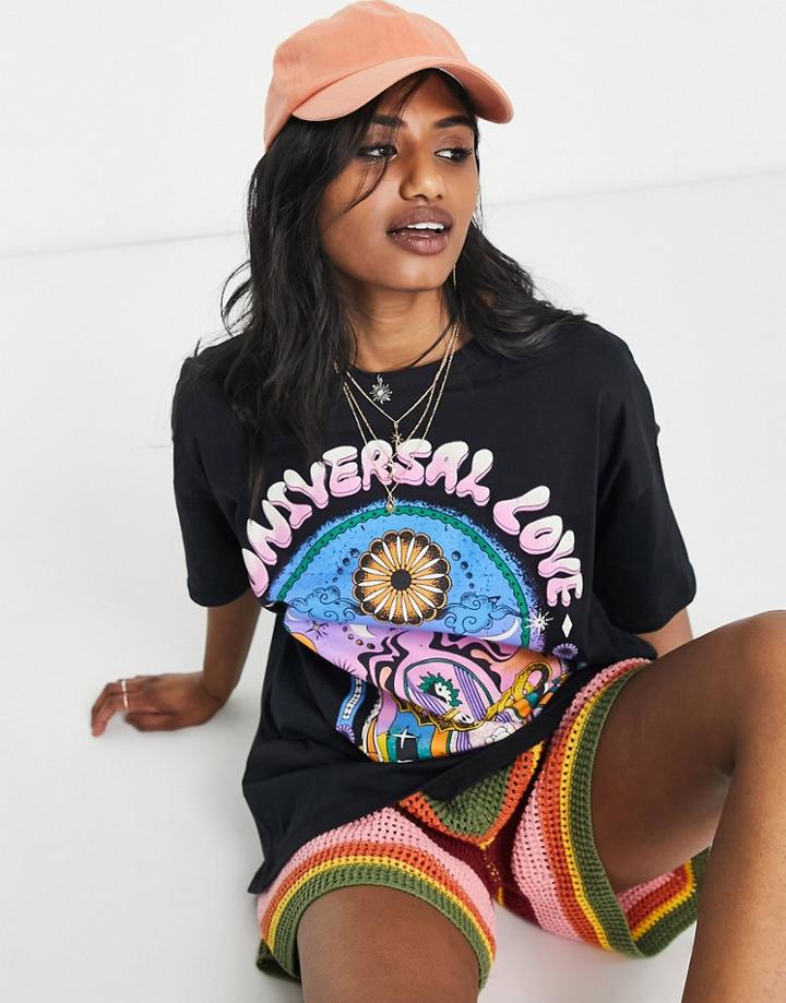 Bershka Oversized Graphic Tee In Black