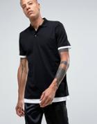 Asos Longline Polo Shirt With Contrast Cuff And Hem Extender In Black/white - Black