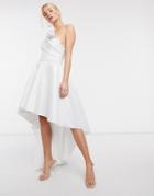 Asos Design Bonded Glitter Mesh One Shoulder High Low Midi Prom Dress In Light Silver