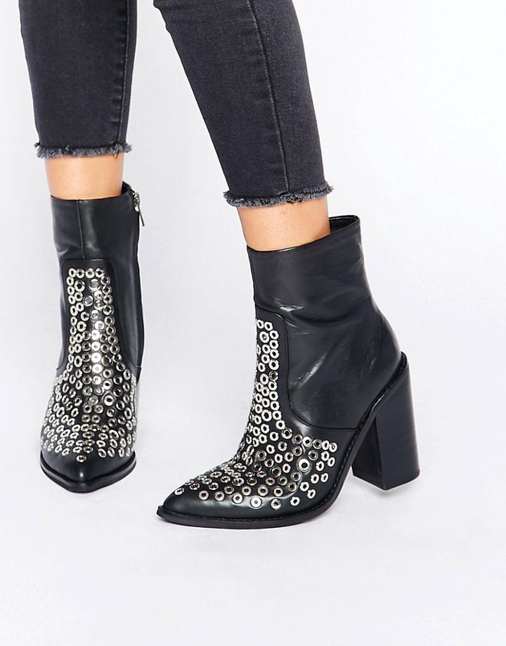 Sol Sana Lydia Eyelet Leather Heeled Ankle Boots - Black
