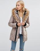 Qed London High Neck Quilted Coat With Faux Fur Trim - Gray